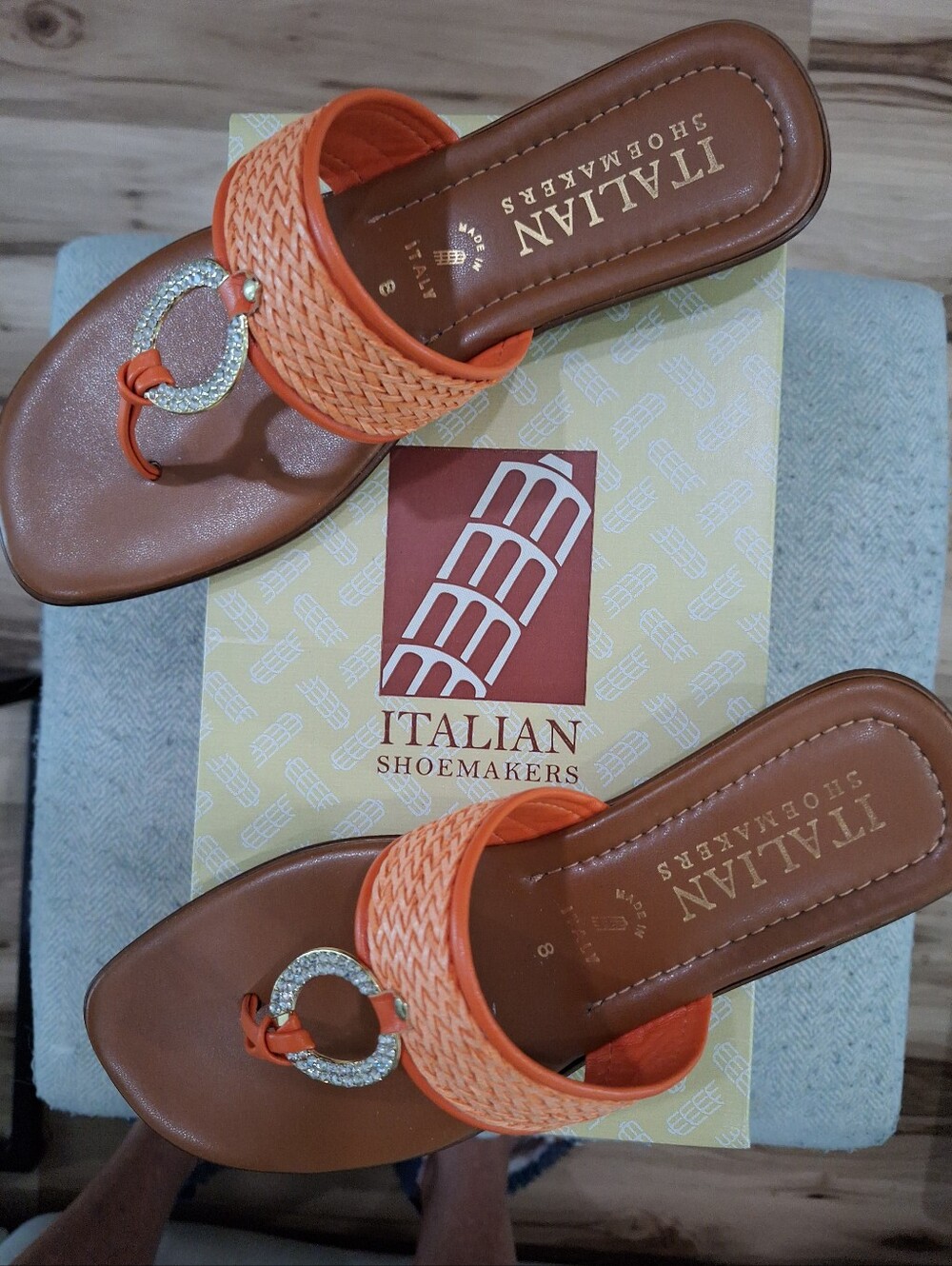 Italian Shoemakers Orange Woven Sandals Reinstone Accent Beautiful